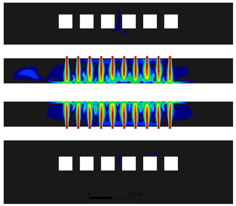 Fluxtrol | ASM HTS 2019 Short Time Dilatometry Quench System Analyses Figure 15 - Vertical slice through the computational domain showing the impingement of helium on the sample and fused silica tubes. Only two jets are in the plane of this cut (lower portion of coil, either end).