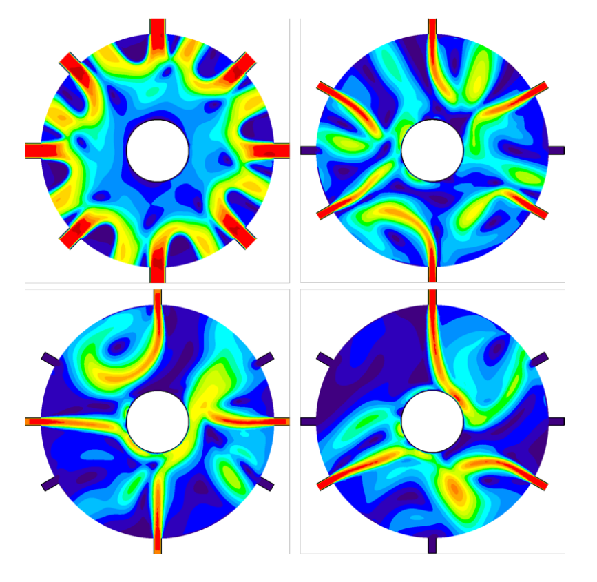 Fluxtrol | ASM HTS 2019 Short Time Dilatometry Quench System Analyses Figure 5 - Assessment of different numbers of axial line jets for cooling the sample surface. Instabilities cause the jets to divert from the sample surface.
