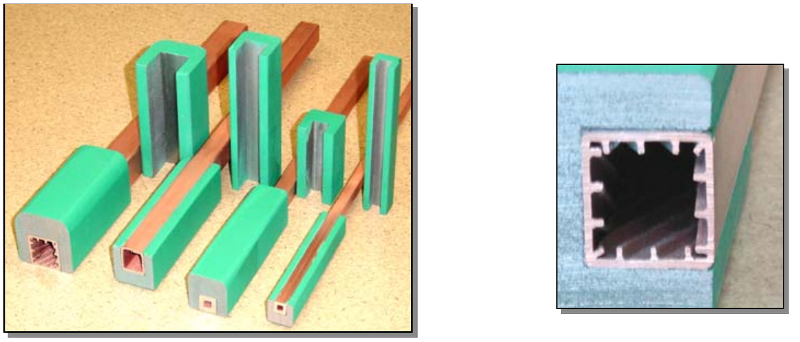 Fluxtrol - Composite Materials for Magnetic Field Control in EPM - Figure 4 Copper tubes with LRM concentrators (left) and special copper profile with increased heat transfer (right)