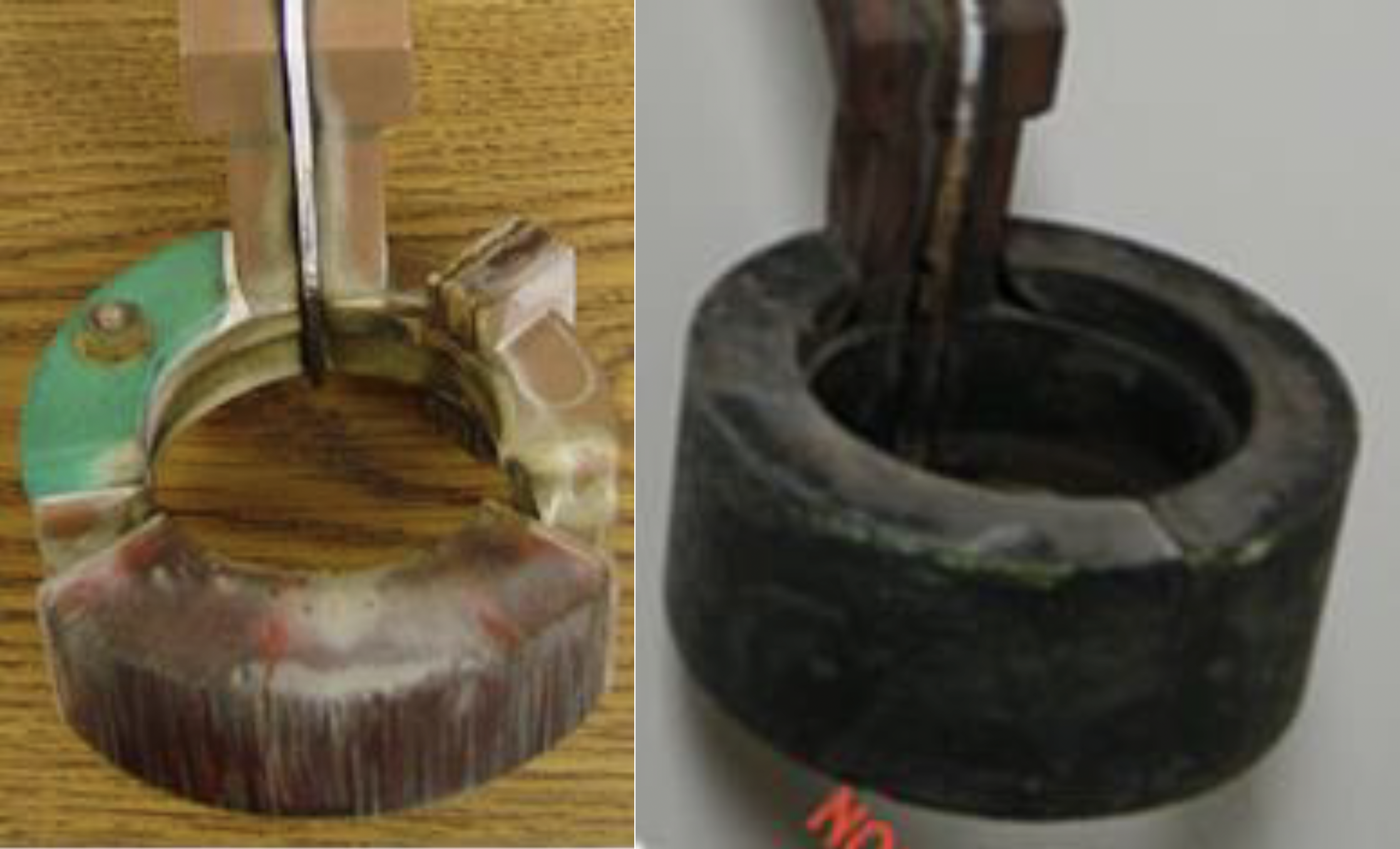 Fluxtrol | HTS 2021 3D Simulation of an Automotive Wheel Hub and Induction Hardening Coil to Solve Coil Lifetime Issues - Figure 1: An image of the original production coil (left) and the redesigned coil (right) after manufacturing lifetime