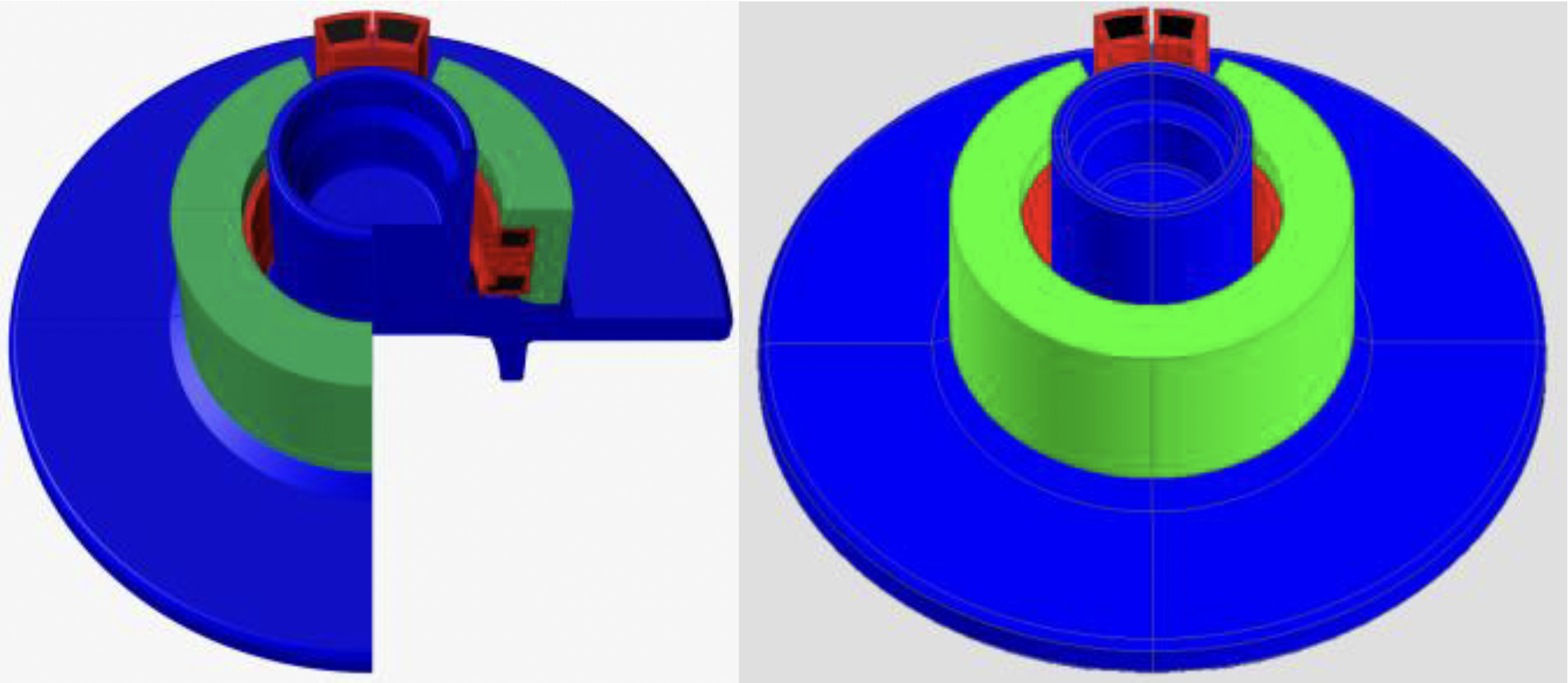 Fluxtrol | HTS 2021 3D Simulation of an Automotive Wheel Hub and Induction Hardening Coil to Solve Coil Lifetime Issues - Figure 4: Model of the redesigned coil and wheel hub in Inspire (left) and imported into Flux 3D (right)