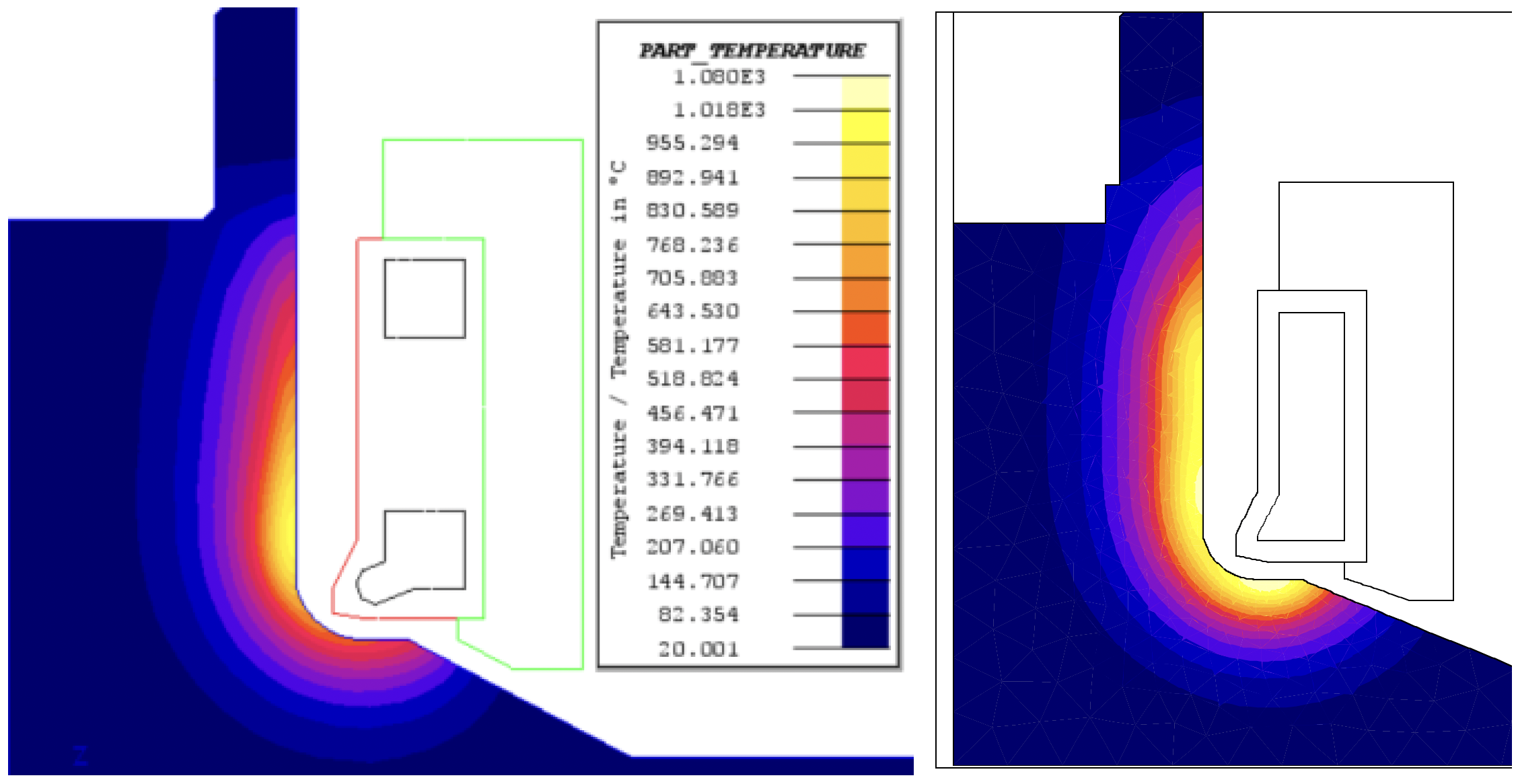 Fluxtrol | HTS 2021 3D Simulation of an Automotive Wheel Hub and Induction Hardening Coil to Solve Coil Lifetime Issues - Figure 7: Comparison of redesigned coil temperatures in the wheel hub when modelled in 3D (left) and previously modelled in 2D (right)