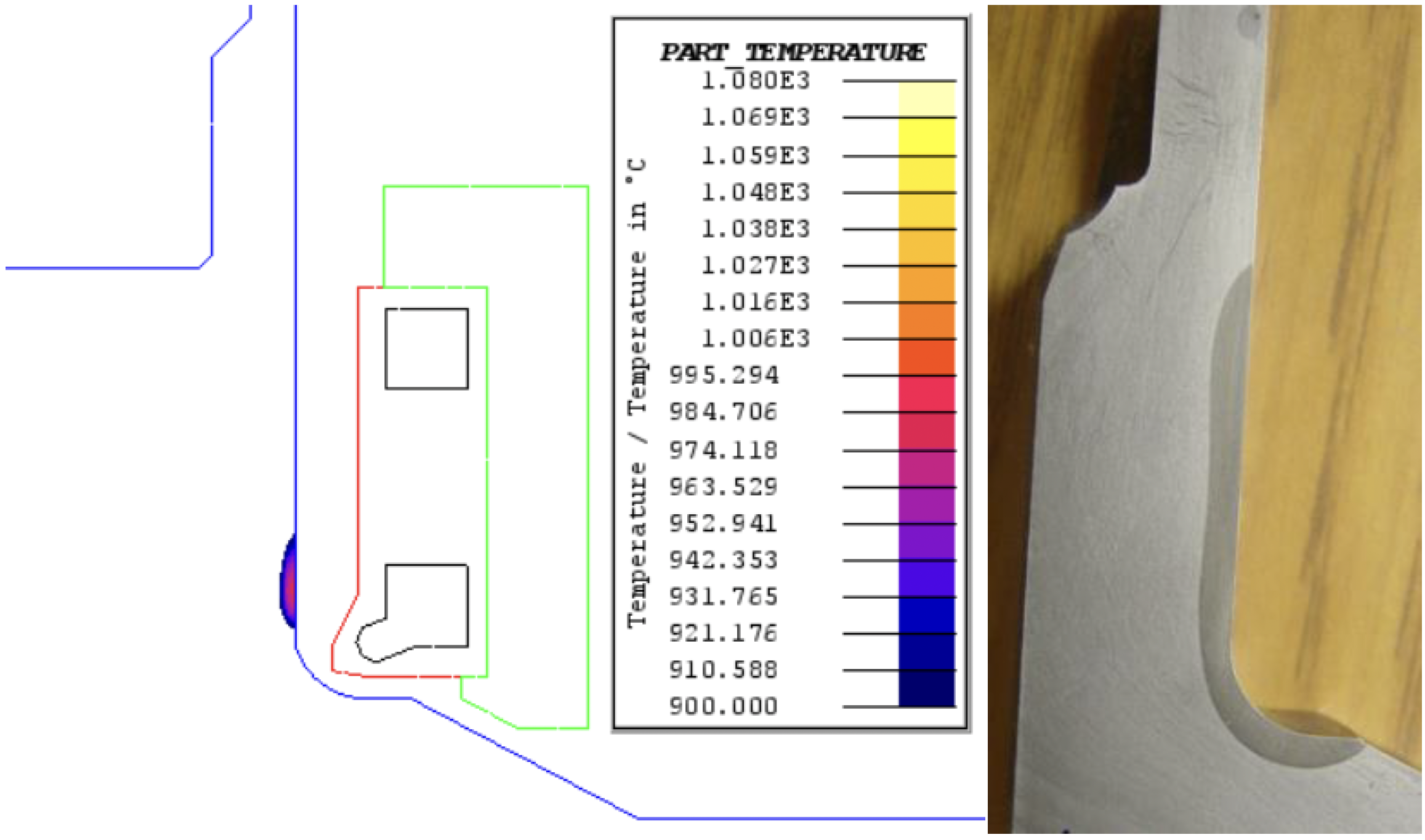 Fluxtrol | HTS 2021 3D Simulation of an Automotive Wheel Hub and Induction Hardening Coil to Solve Coil Lifetime Issues - Figure 8: Comparison of redesigned coil temperatures in the wheel hub to the heat treatment pattern from a cut part