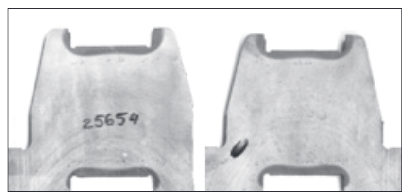 Fluxtrol | Optimizing Performance of Crankshaft Hardening Inductors - Fig. 4. Heat-treatment pattern for a fillet-hardened crankshaft with laminations (left) and Fluxtrol A (right)