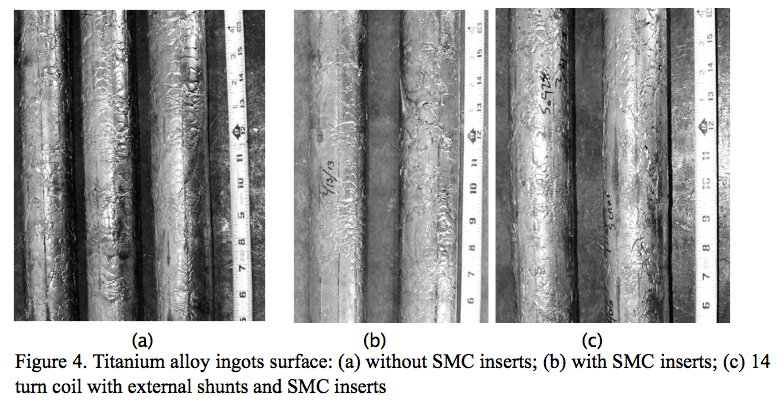 Figure 4. Titanium alloy ingots surface. (a) without SMC inverts; (b) with SMC inverts; (c) 14 turn coil with external shunts and SMC inserts